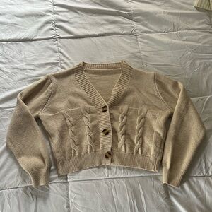 Cropped Beige Cable Knit Cardigan